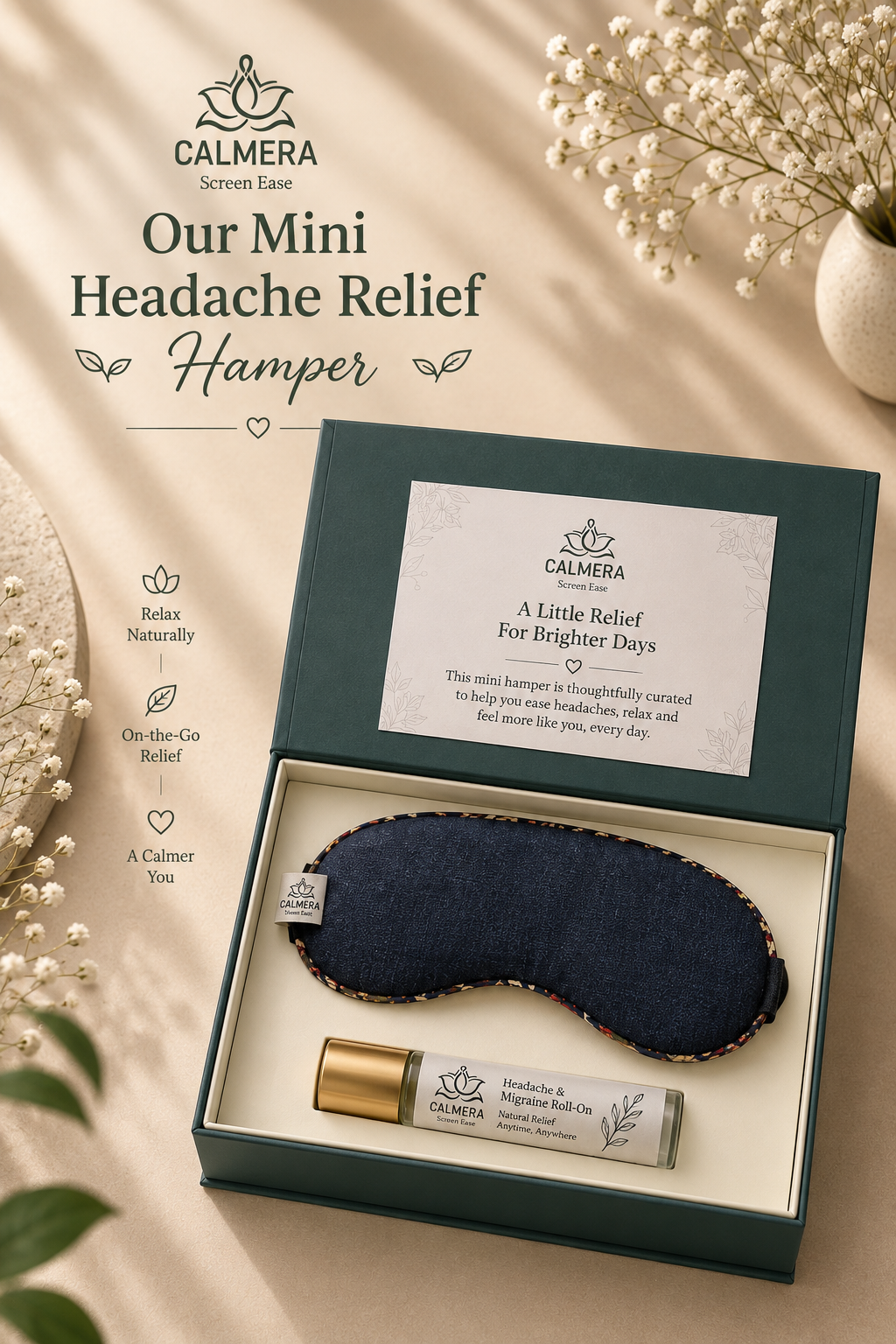 ScreenEase Mini Headache Relief Hamper | Heating & Cooling Eye Patch & Migraine & Headache Relief Roll-On
